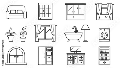 Modern Home Interior Outline Icon Pack Furniture Decor Minimal Line Vector Set