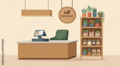 This inviting image of an organic store layout features a well-organized counter, showcasing various healthy products and plants to promote a wholesome lifestyle.