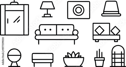 Modern Home Interior Outline Icon Pack Furniture Decor Minimal Line Vector Set