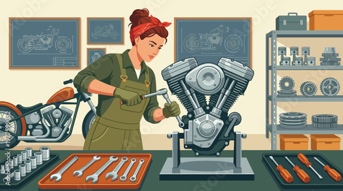 This dynamic image depicts a skilled mechanic working diligently on a motorcycle engine, showcasing precision, craftsmanship, and the spirit of adventure.