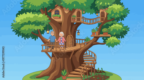 A delightful treehouse nestled in a sturdy tree, featuring cozy rooms and decorative plants, providing a charming retreat for families and nature enthusiasts above the ground.