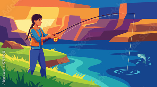 An enthusiastic fisherwoman casts her line in a picturesque landscape, showcasing the joy of fishing and connection to nature in a vibrant and colorful depiction.