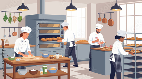 In this bustling bakery kitchen, skilled chefs work together to create fresh bread and pastries, demonstrating teamwork and expertise in the culinary arts.