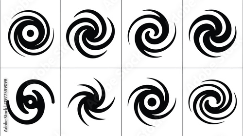 Collection of Eight Black Swirling Vortex Icons on White Background spiral cyclone