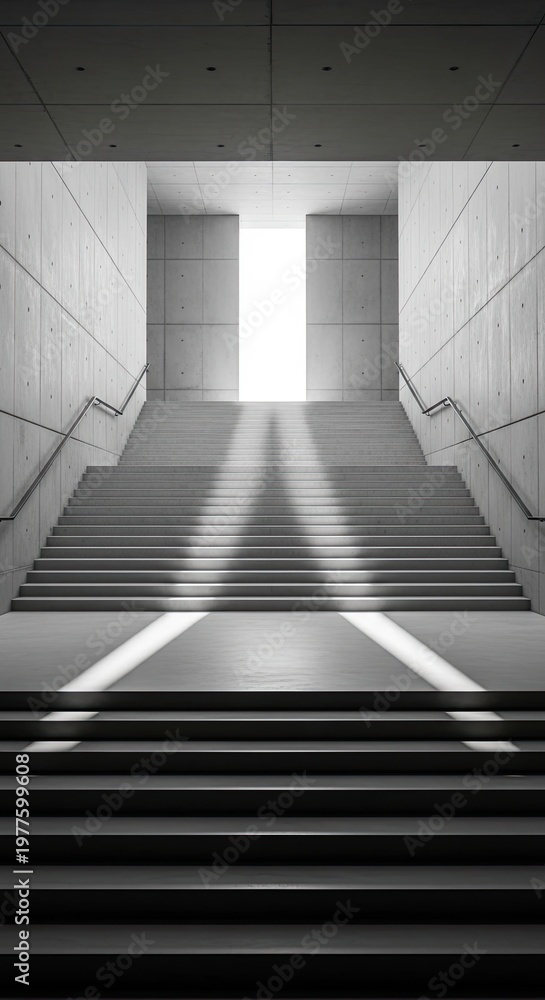 Obraz premium Wide concrete staircase with handrails leading to a bright light filled opening with dramatic sunbeam shadows