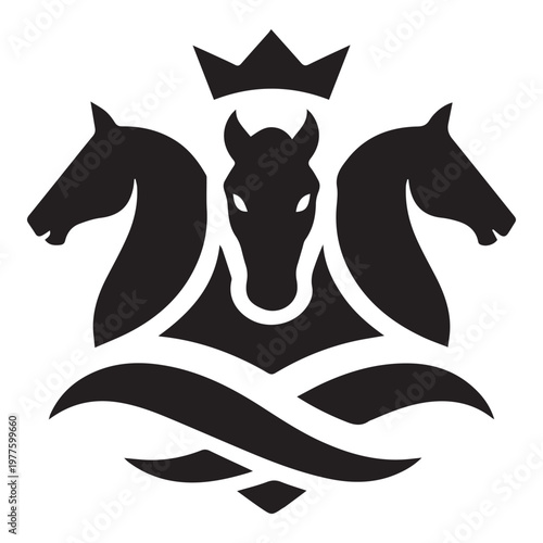 Minimal black silhouette of three horse heads with crown on transparent background. Elegant heraldic crest vector logo for luxury branding and design.