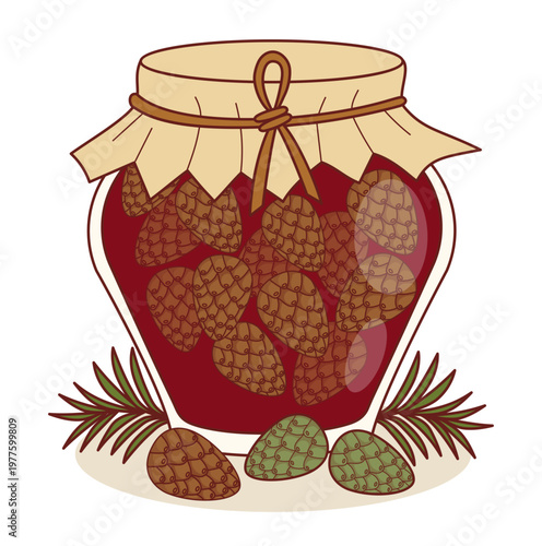 Pine Cone Jam In Glass Jar. Ruby Red Mugolio Syrup With Brown Caramelized Cones And Paper Cover. Homemade Traditional Forest Medicine Coniferous Dessert. Vector Illustration.