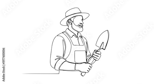 Farmer holding a hand trowel. One line drawing vector illustration. Minimalist spring gardening concept. Continuous line art isolated on white