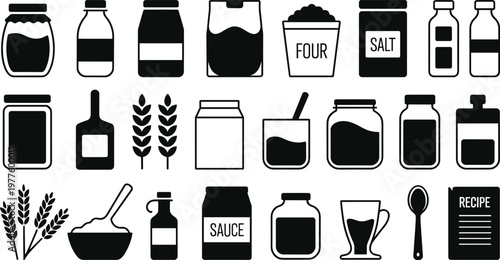 Collection of black silhouette icons for kitchen pantry staples, food jars, cooking ingredients, spice containers, and culinary storage elements