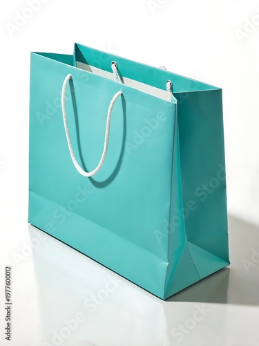 Vibrant Turquoise Paper Shopping Bag with White Handles on White