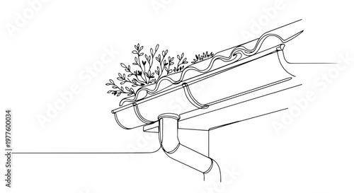 Roof gutter with plants one line drawing. Minimalist continuous line art vector illustration. Home maintenance and spring growth concept isolated on white background