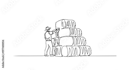 One line drawing of a farmer with hay bales. Minimalist agricultural harvest illustration. Continuous line art of a man on a farm