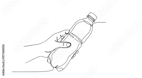 One line drawing of a hand gripping a water bottle. Minimalist health and hydration illustration. Continuous line art of a plastic container