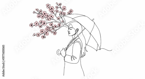 One line drawing of a woman with an umbrella and cherry blossoms. Minimalist spring season illustration. Continuous line art with pink flowers