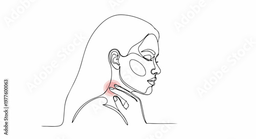 One line drawing of a woman touching her neck. Minimalist health and skincare illustration. Continuous line art with pink highlight on throat