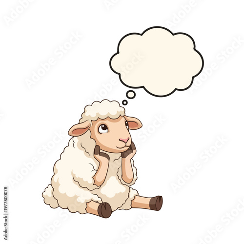 Cute cartoon sheep sitting and contemplating with a thought bubble.