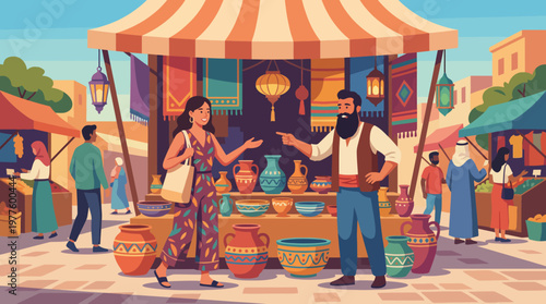 A lively market scene featuring colorful pottery, where a customer interacts with a vendor amidst a vibrant atmosphere filled with culture and creativity.