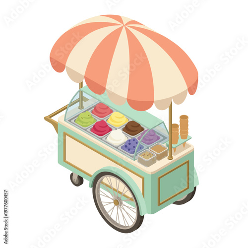 A charming ice cream cart filled with delightful flavors and topped with colorful parasols, inviting people to indulge in a refreshing treat on a sunny day.