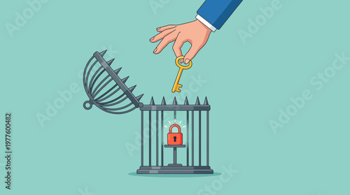 A hand holding a key ready to unlock a cage with a padlock, symbolizing the release of potential and the importance of freedom in personal growth and opportunities.