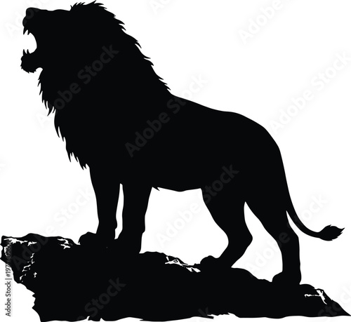 Fotografie Majestic roaring lion silhouette standing on a rocky cliff, powerful male wild c