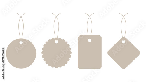 Set of blank beige price tags in various shapes with strings isolated on white background