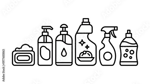 Cleaning and hygiene product bottles and soap bar line icon set, isolated on white background