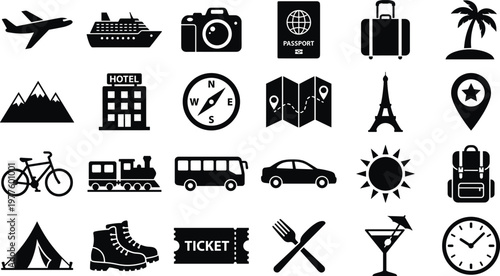 Comprehensive Travel and Vacation Icon Set Featuring Transportation, Destinations, Navigation, Outdoor Adventure, Camping, Dining, and Essential Tourism Symbols for Digital Design