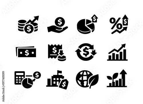 Financial Metrics Icons. Solid vector icons of financial performance metrics: revenue, profit, margin, roi, cost, expense,