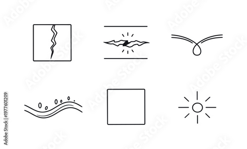 Line vector icons of self-healing material mending like skin (biomimetic healing): panel frame, rip trace, merging curve,