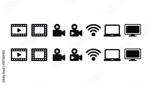 black and white icons of film and video production and technology tools