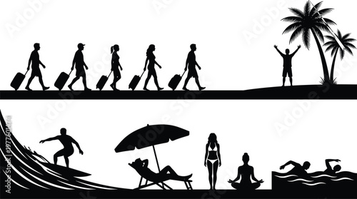 Travel and beach lifestyle silhouette set, tourists with luggage, surfing, swimming and relaxing scenes, tropical vacation vector illustration, summer holiday concept design