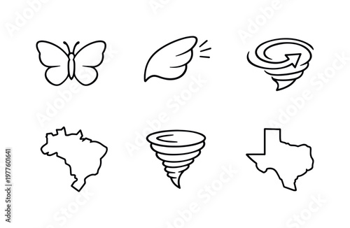 Line style vector icons of small actions, big consequences: butterfly-outline motif, wing-flap icon, swirling-air arrow,