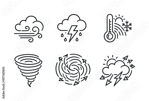 Line style vector icons of long-term unpredictable weather: cloud-icon motif, wind-swirl outline, lightning-bolt symbol,