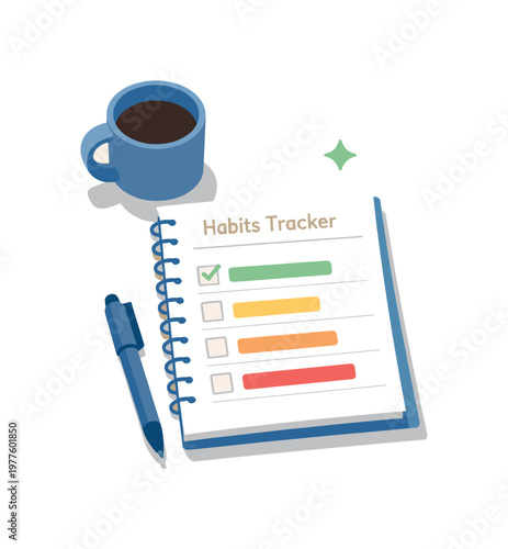 Minimal new habits tracker concept with notebook checklist pen and cup loosely arranged seen from a top-down angle, offset to the