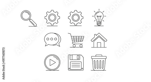 Monochrome Icon Set Featuring Common User Interface Elements.