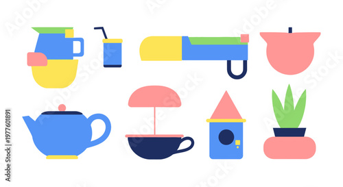 Colorful Kitchenware Icon Set With Teapot Cup and Plant.