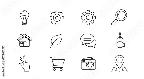 Minimal line icons set featuring business and technology symbols.