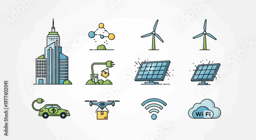 Renewable energy technology icon collection illustrating solar wind electric car.