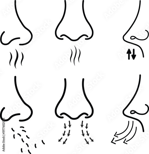 Nose breathing and smelling icons set with air flow and aroma clouds vector isolated on white
