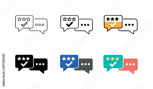 Feedback system icon showing stylized speech bubbles, star ratings, checkmarks, and comment symbols representing customer