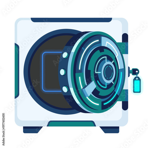 This image showcases a modern safe with a futuristic design and advanced locking mechanism, ideal for representing security and protection concepts visually.