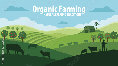 This picturesque landscape illustrates organic farming, showcasing a serene environment, lush fields, and livestock, representing sustainability and nature harmony.