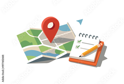 Minimal city break travel planning concept with map notebook and location pin loosely arranged seen from a top-down angle, offset