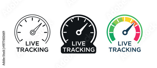 Live tracking concept illustrated by a circular dashboard gauge with needle and tick marks, clearly readable as a single
