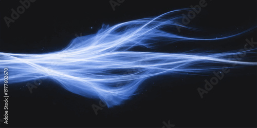 Abstract blue smoke swirls in a smooth flowing wave pattern against a dark black background to create an artistic motion design with curved light shapes and purple energy textures