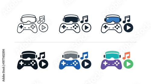 Game and media icon showing a stylized game controller, VR headset, music note, and play button representing interactive