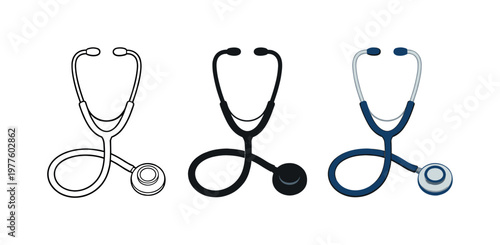 Medical check context depicted as a classic stethoscope with curved tubing and round chest piece arranged neatly as a single