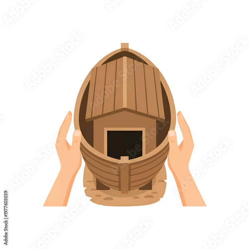 Minimalist Flat Vector Illustration of Hands Cradling Noah’s Ark