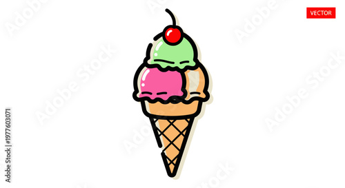 Colorful ice cream cone with cherry on top vector illustration