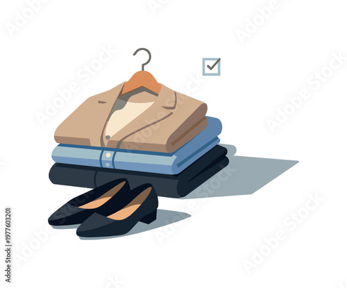 Minimal work outfit planning concept with folded clothes hanger and shoes loosely arranged seen from a slight angle, offset to